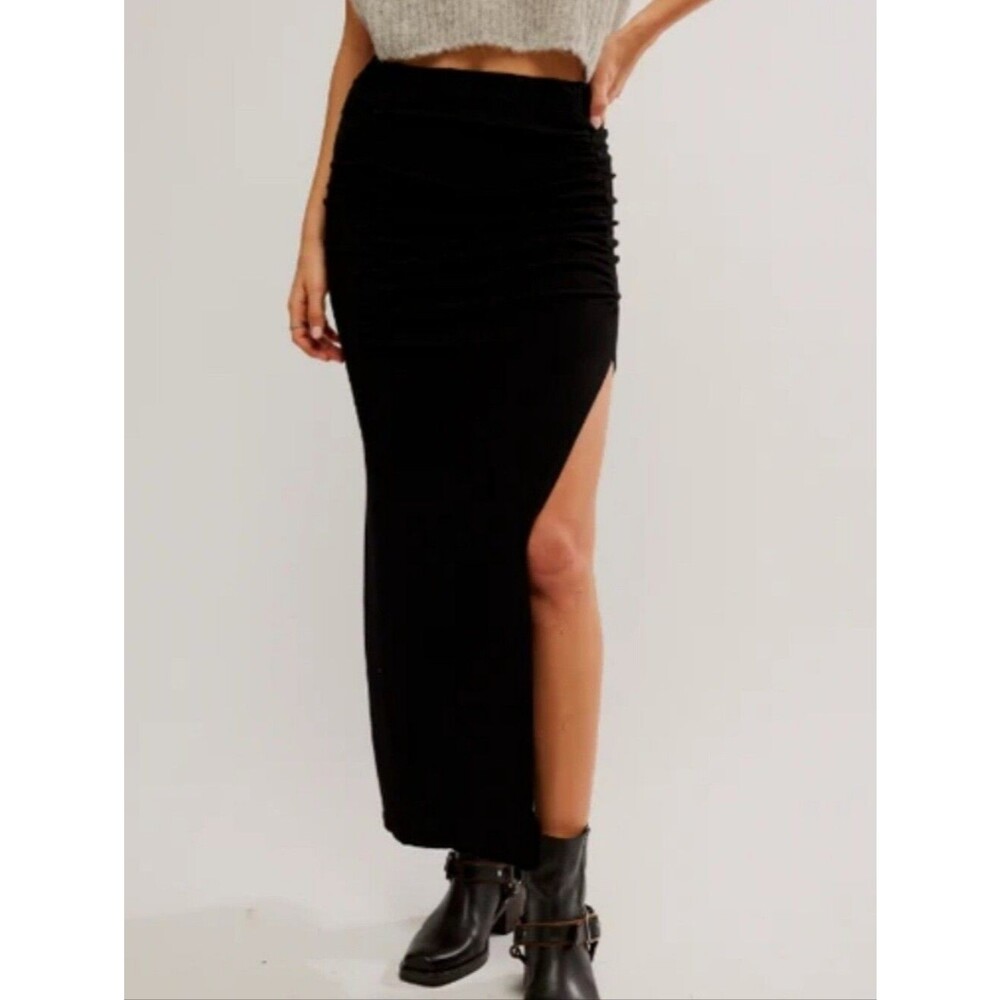 Free People Peek Show Maxi Skirt Knit High Slit Black Ruched Boho Size XS $78